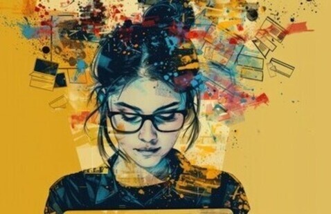 illustration of thoughts in a young woman's head as she is writing