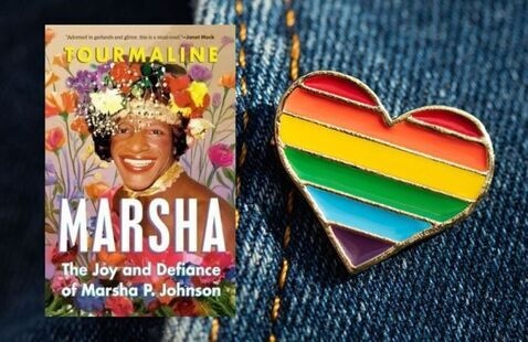 Book cover of Marsha next to a rainbow heart shaped pin.