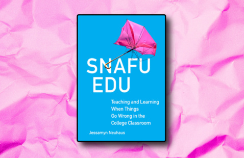 The cover of the book "Snafu Edu". The cover shows a damaged, pink umbrella flying through the sky.