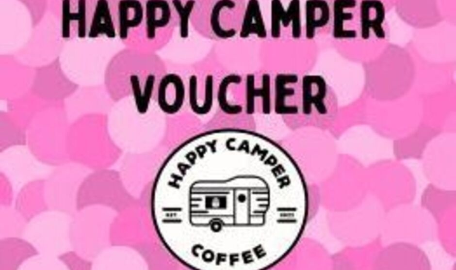 Text above happy camper coffee reads: Happy Camper Voucher