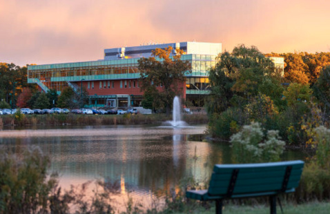 A photo of Oakton College as sun sets.