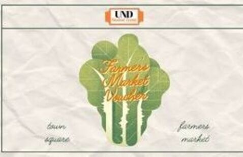 Leafy vegetable in middle with overlayed text, "Farmers Market Voucher." Other text below reads "town square, farmers market"