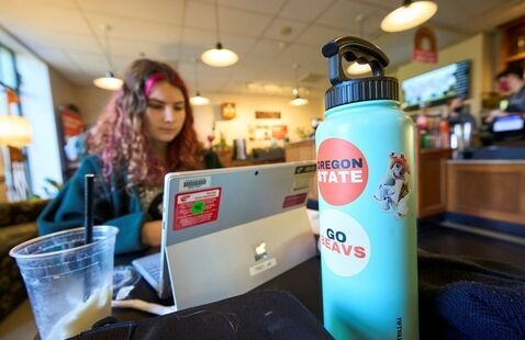 Student working at a computer with a bright blue water bottle and a coffee