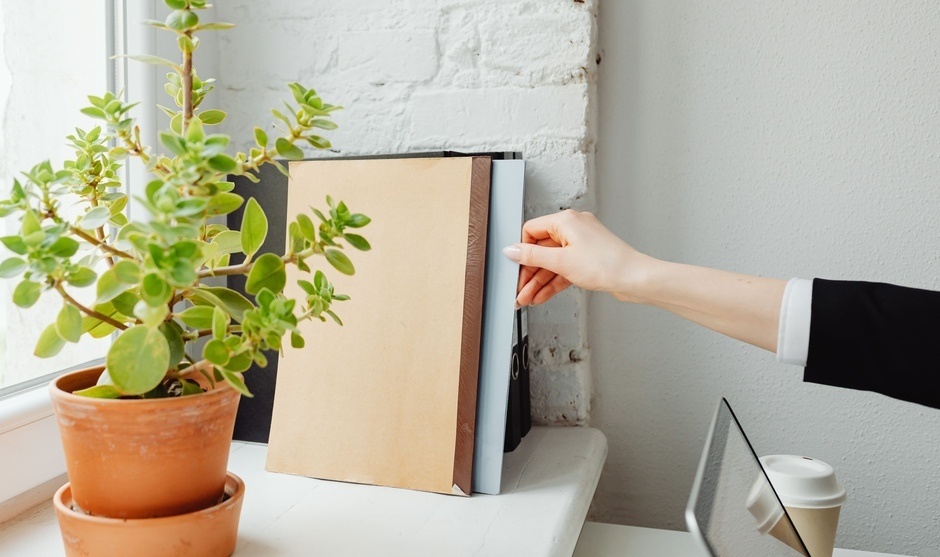 Hand reaching to some papers next to a plant