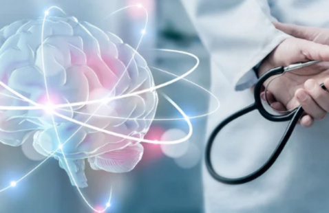 Stylized graphic of a brain, and stethoscope in hands of a person in white coat