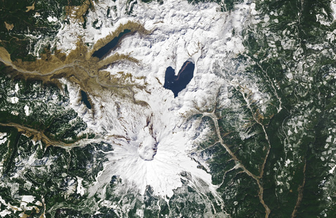 Aerial shot of Spirit Lake Mount St. Helens, Washington from space. NASA photo of the day