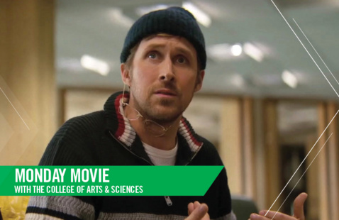 Frame of Ryan Gosling in-character from the movie Project Hail Mary, wearing a navy hat, askew glasses, and sweater in academic space