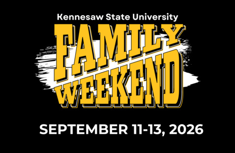 Bold yellow "Family Weekend" text with a white brushstroke background below "Kennesaw State University." Dates "September 11-13, 2026" are in white.