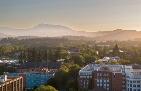 Aerial view of Oregon State University campus at dusk.