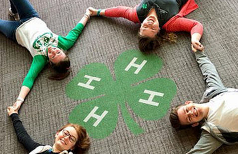 4 kids holding hand on the floor with a 4-H Clover in the middle