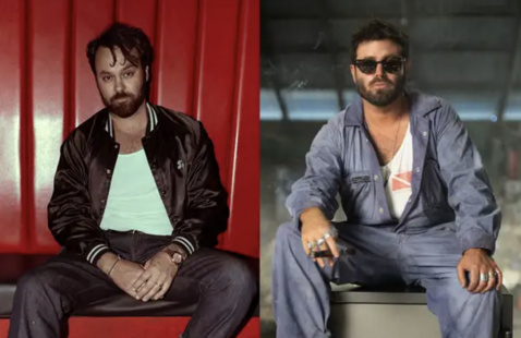 Two photos of each performer sitting with stern expressions