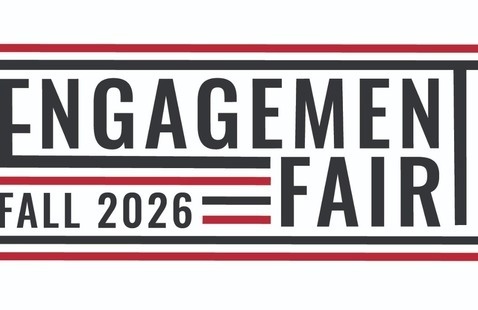 Logo for the “Engagement Fair Fall 2026.” The design features bold black uppercase text with “ENGAGEMENT” above “FAIR,” and “FALL 2026” aligned to the left of “FAIR.” Red and black horizontal lines frame and accent the text on a light gray background. The typography is modern and geometric, creating a clean, professional event-branding look.
