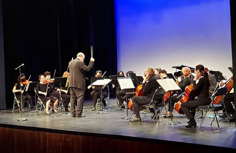 An image of performers playing various string instruments on stage.