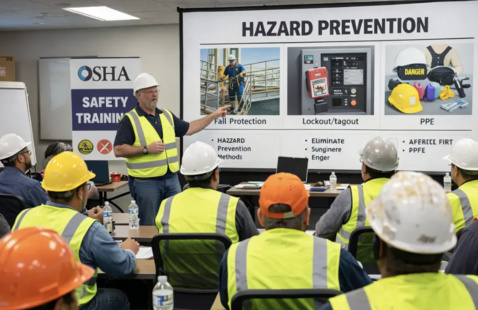 Man in safety vest and hard hat presents hazard prevention slides to a room of people in safety vests and hard hats.