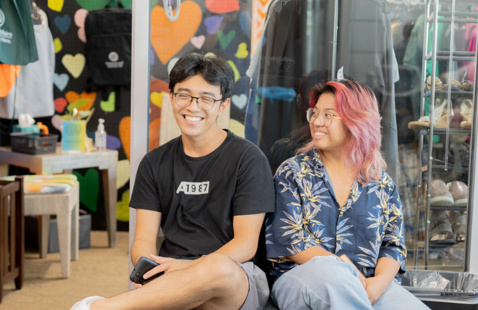 A picture of two students in the BNRC student lounge