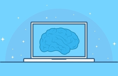 Graphic of a blue brain on the screen of a white laptop, with a blue background and white stars