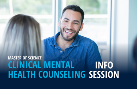 Image of a man in front of a window with text that says: Clinical Mental Health Counseling Info Session