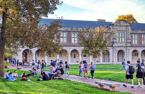 Students walking on WashU's Danforth Campus.