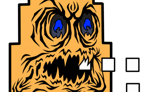 An abstract digital ghost with sharp teeth eating white squares