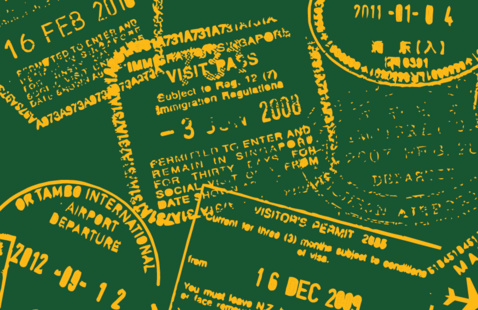 Illustration featuring a collage of overlapping passport and visa entry stamps from multiple international destinations and airports. Yellow stamp impressions with dates, airport names, and immigration markings are scattered across a dark green background, alongside airplane icons, creating a travel-themed graphic representing global journeys and international travel.