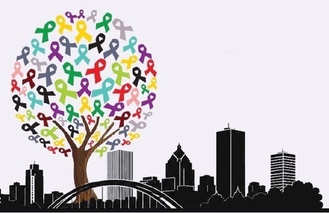 A silhouette of the downtown Rochester skyline and a giant tree that has cancer awareness ribbons of many colors. 