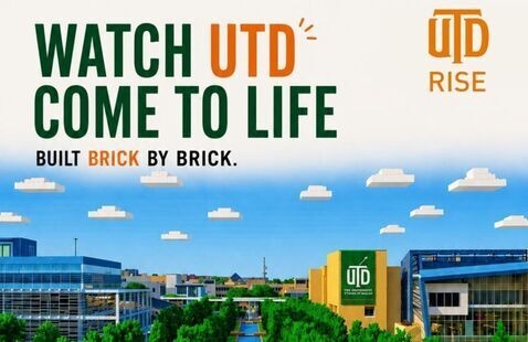 Promotional poster for the UTD RISE Center featuring a LEGO® model of the University of Texas at Dallas campus with the headline “Watch UTD Come to Life, Built Brick by Brick.” The poster includes event details (JSOM 1.516, July 7-30), a QR code for updates, a weekly social media challenge, and a grand reveal prize drawing on July 30.