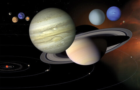 All the planets of the solar system, super imposed on each other to compare their scale.