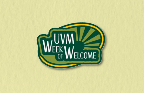 UVM Week of Welcome logo, featuring white text and a dark green sun over a lighter green background, surrounded by a yellow oval. Behind it is a tan paper texture 