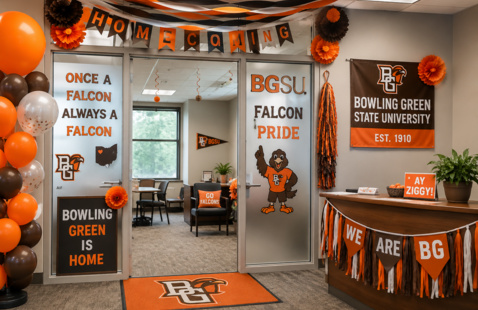 a decorated office space for bgsu homecoming
