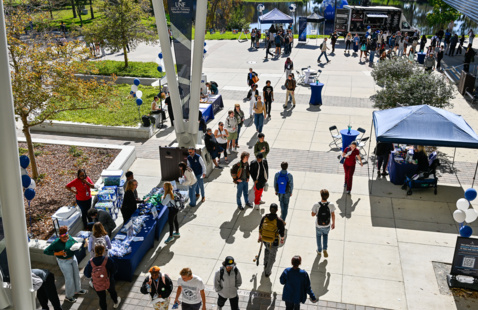 Aerial shot of Osprey Plaza, during Day of Thanks, people having a good time