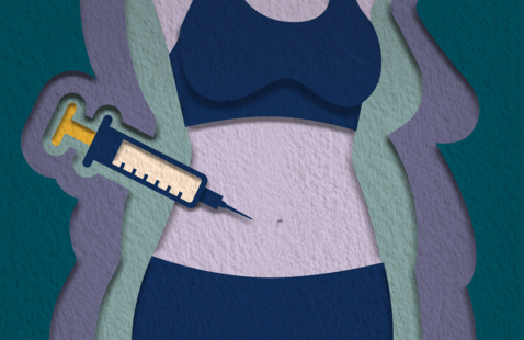 A women's torso and a GLP-1 injection shot