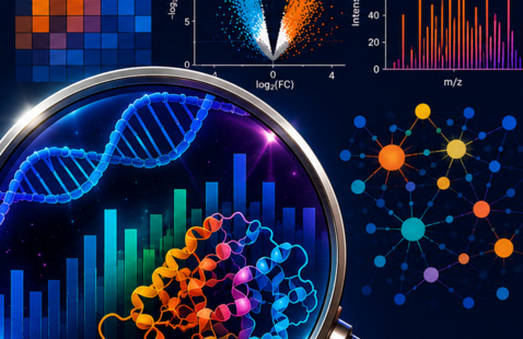 Various data science plots, behind magnifying glass there is a DNA strand and a protein structure