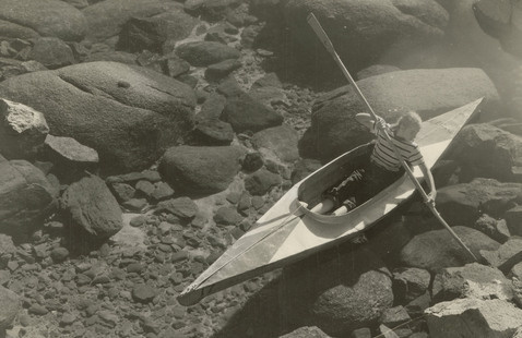 Child in kayak on Lake Tahoe, 1945. Photographer Gus Bundy. Gus Bundy    Collection, UNRS-P1985-08-0626  