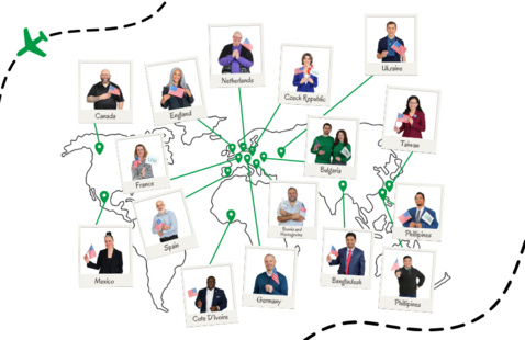 Polaroid-style photos of individuals with arrows extending to points on global map