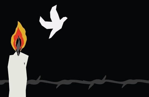 An illustration of a candle and bird over a black background.