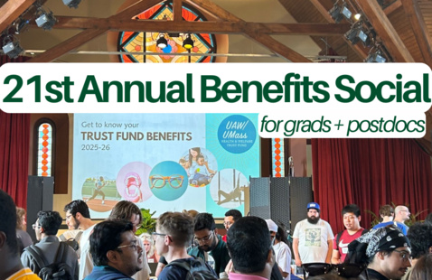 Text: "21st Annual Benefits Social for grads and postdocs", people gathering in the Old Chapel
