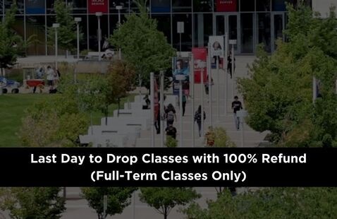 Fall 2026 last day to drop with 100% refund text with faded building background