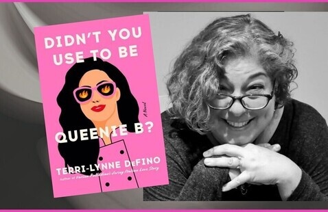 Book cover "Didn't you used to be Queenie B?" on left. Author photo on right.