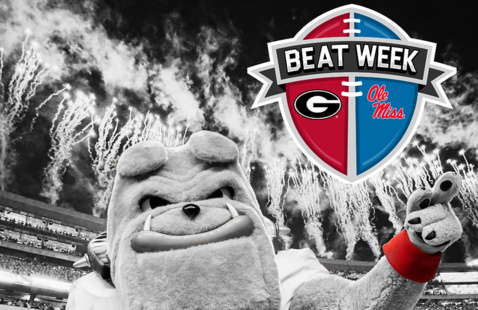 Beat Week 2026 logo on a black and white photo of Hairy Dawg in Sanford Stadium with fireworks in the background