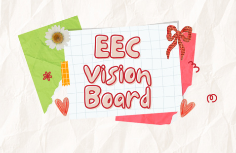 Background that resembles crinkled paper. Graphics in the center of image are assorted squares of red and green paper. Pink and red text in center reads "EEC vision board."