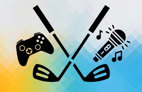 a golf club, a video game controller, and a microphone with music notes