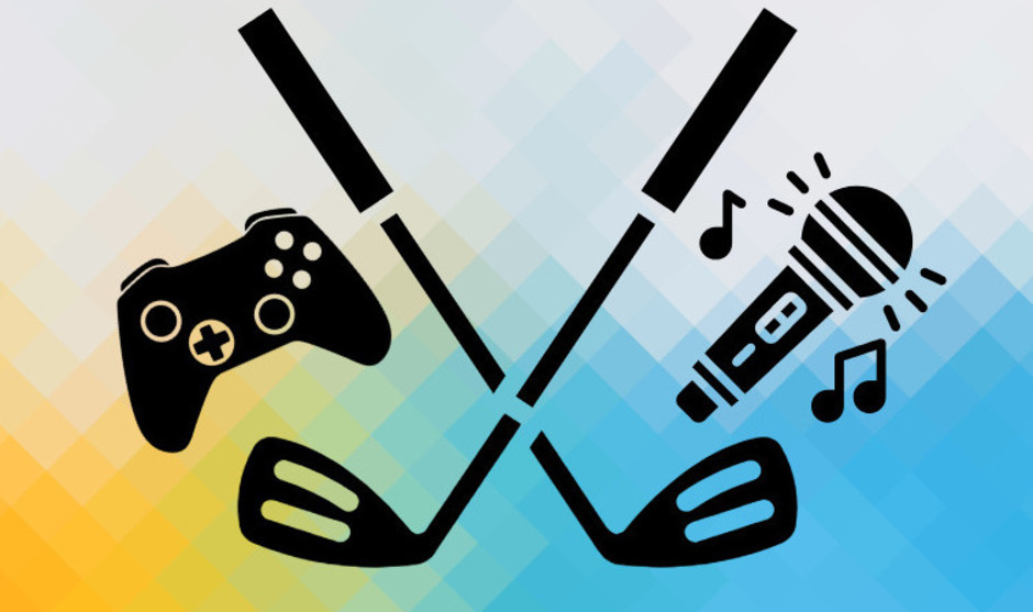 a golf club, a video game controller, and a microphone with music notes