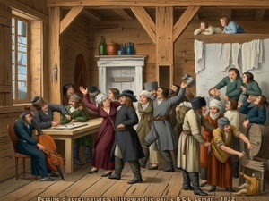 A painting of people dancing, drinking, and playing music in a tavern.