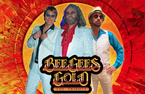 "Bee Gees Gold: The Tribute — three performers in retro disco attire against a fiery orange background."