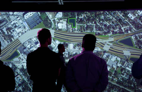 Transportation engineers use the Teaching and Visualization Lab at the Hunt Library.