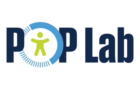 A logo for "POP Lab" with a green stick-figure-like person icon inside a blue circle, in place of the "O" in "POP."