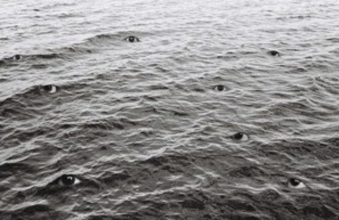 A black and white photograph of water, with eyes scattered throughout. 
