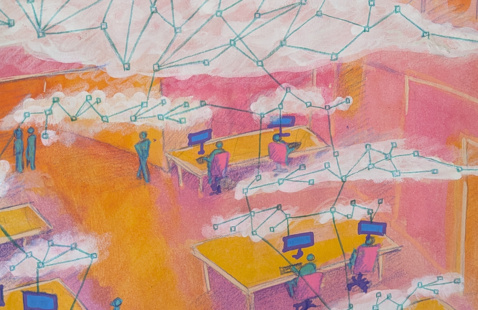 A pink-toned illustration of people at computer screens at library tables. 