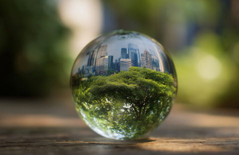 A clear sphere with a display of a city skyline and some trees inside the orb. The background is blurred.