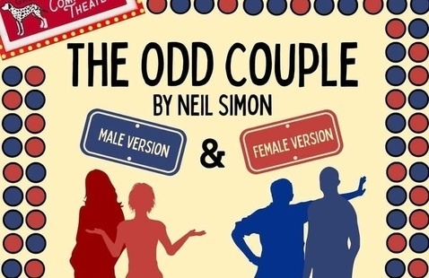 Logo for Greater Grand Forks Community Theater above pair of red female figures standing opposite of pair of blue male figures with text: The Odd Couple by Neil Simon, male version and female version